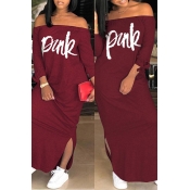 LW Casual Letter Wine Red Ankle Length Dress