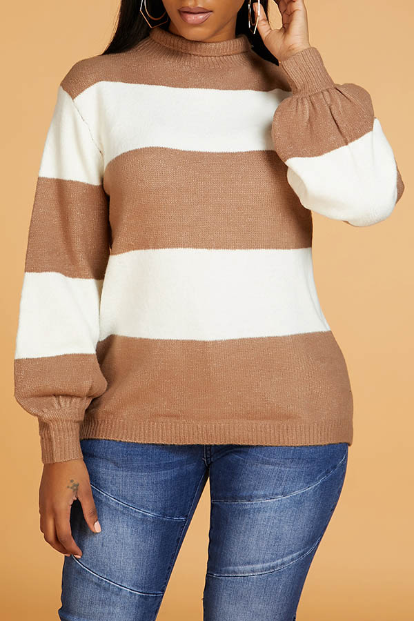 Lovely Casual Striped Patchwork Coffee Sweater