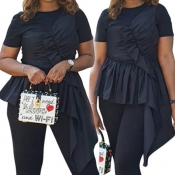 Lovely Casual Asymmetrical Patchwork Black Blouse