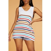 Lovely Chic V Neck Sleeveless Striped White Sweate