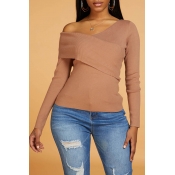 Lovely Casual Cross-over Design Khaki Sweater