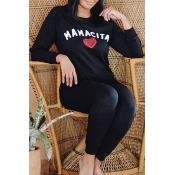 Lovely Casual Letter Black Two-piece Pants Set