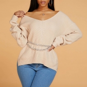 Lovely Leisure V Neck Side Slit Apricot Sweater