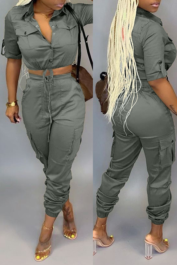 Lovely Chic Crop Top Button Army Green Two-piece Pants Set
