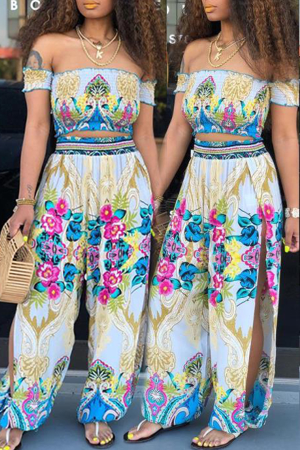Lovely Trendy Side Slit Baby Blue Two-piece Pants Set