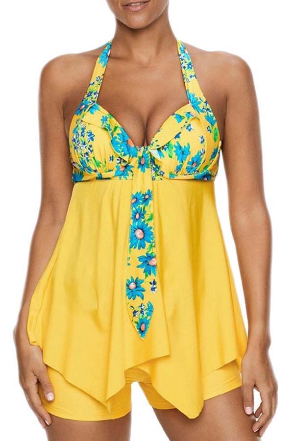 Lovely Casual Print Yellow Plus Size Two-piece Swimsuit