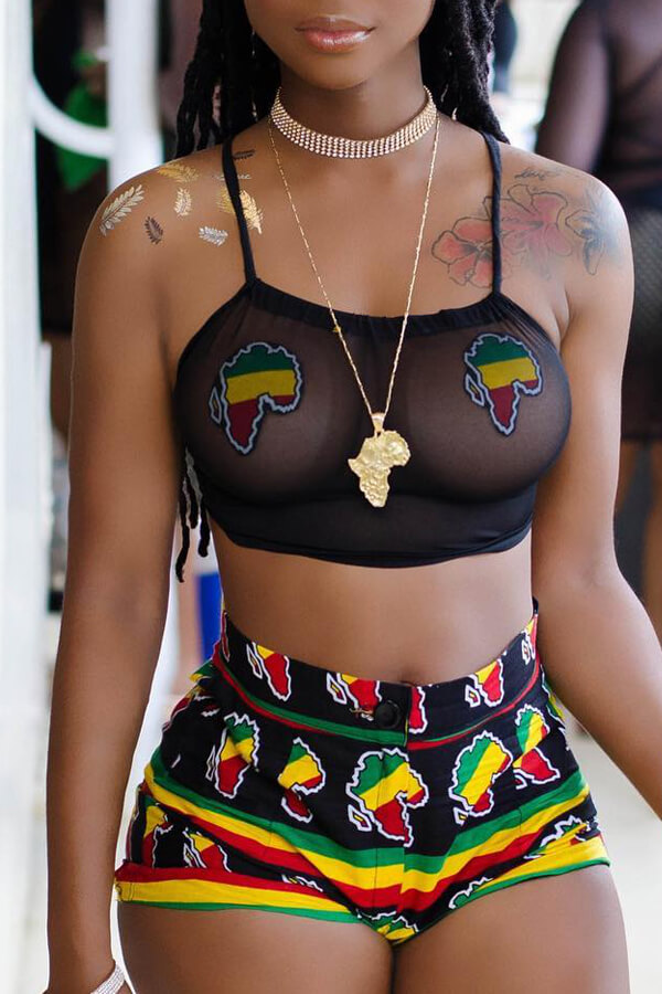 LW SXY Print Black Two-piece Shorts Set