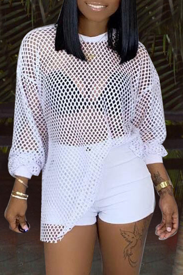 Lovely Trendy O Neck Hollow-out White Blouse