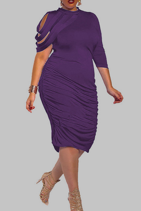 Lovely Trendy Ruffle Design Purple Knee Length Plus Size Dress