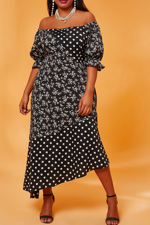 Lovely Casual U Neck Asymmetrical Print Black Mid Calf Plus Size Dress