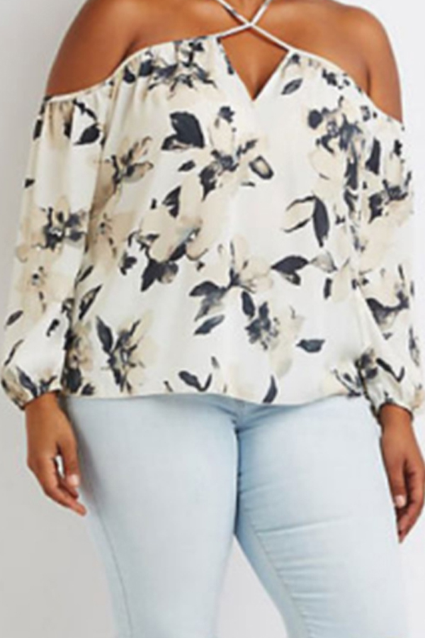 Lovely Casual V Neck Print White Plus Size Blouse