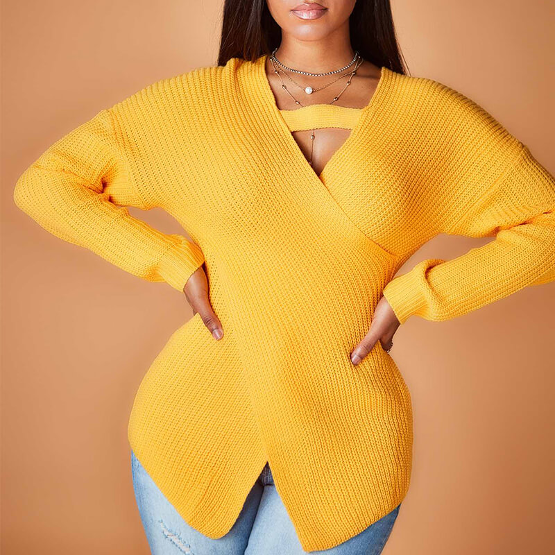 Lovely Sweet Cross-over Design Yellow Sweater