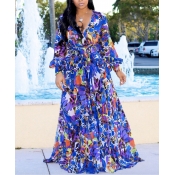 Lovely Bohemian V Neck Print Blue Maxi Dress