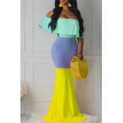 Lovely Casual Color-lump Patchwork Sky Blue Maxi D