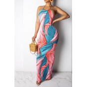 Lovely Bohemian Halter Print Blue Maxi Dress