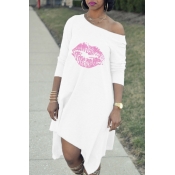 Lovely Chic Lip Print White Knee Length Dress