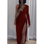 Lovely Party Embroidery Design Wine Red Maxi Dress