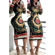 Lovely Chic Print Skinny Black Knee Length Dress