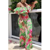 Lovely Trendy Floral Print Flounce Green One-piece