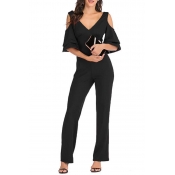 Lovely Chic V Neck Dew Shoulder Black One-piece Ju