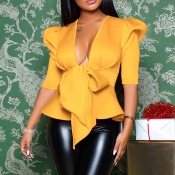 Lovely Sweet V Neck Flounce Yellow Coat