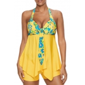 Lovely Casual Print Yellow Plus Size Two-piece Swi