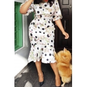 Lovely Trendy O Neck Print White Knee Length Dress