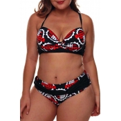 Lovely Casual Print Red Plus Size Two-piece Swimsu