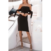 Lovely Casual Lace-up Black Knee Length Dress