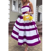 Lovely Casual Striped Print Purple Mid Calf Dress