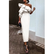 Lovely Casual Flounce White Mid Calf Plus Size Dre