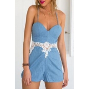 Lovely Casual Basic Patchwork Sky Blue One-piece R