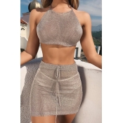Lovely Casual Crop Top Khaki Two-piece Skirt Set