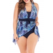 Lovely Print Blue Plus Size Two-piece Swimsuit