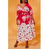 Lovely Casual Print Red Mid Calf Plus Size Dress