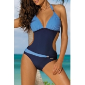 Lovely Color-lump Patchwork Blue One-piece Swimsui