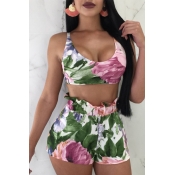 Lovely Casual Print Pink Two-piece Shorts Set