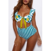 Lovely Striped Green Two-piece Swimsuit