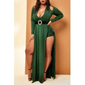 Lovely Plus Size Casual V Neck Side High Slit Gree
