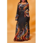 LW BASICS Plus Size Casual Print Black Maxi Dress