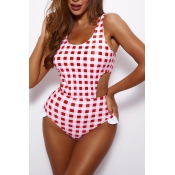 Lovely Plaid Print Red Two-piece Swimsuit