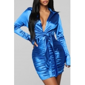 Lovely Trendy Deep V Neck Fold Design  Blue Mini D
