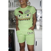Lovely Chic Eye Print Green Two-piece Shorts Set