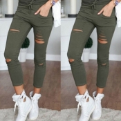 Casual Hollow-out Skinny Green Pants
