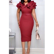 Lovely Sweet V Neck Flounce Wine Red Knee Length D