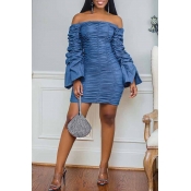 Lovely Casual Fold Design Blue Knee Length Dress