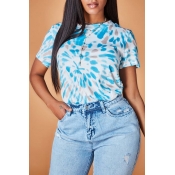 Lovely Casual Print Canal Blue T-shirt