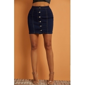Lovely Casual Button Blue Skirt