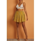 Lovely Chic Plaid Print Yellow Mini Skirt