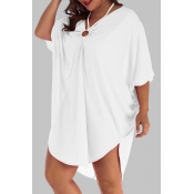 Lovely Plus Size Casual Loose White Mini Dress